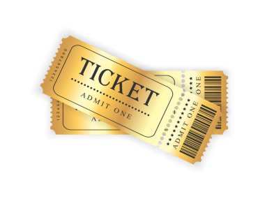 Beyaz arka planda soyut altın biletler. Festival, sinema, konser, kumarhane, sirk, barkodlu altın biletler, ön manzara. Vektör illüstrasyonu