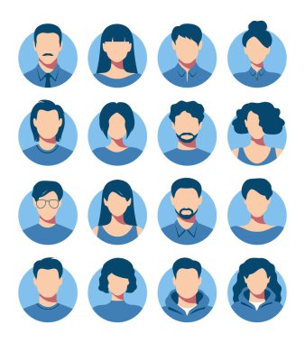 Soyut kadın ve erkek yüzsüz portreler, avatarlar veya isimsiz profiller. Renkli kadın ve erkek soyut yüz simgeleri. Vektör illüstrasyonu