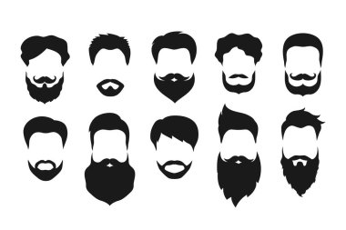 Erkek saçı ve sakal siluetleri hazır. Hipster ya da retro centilmen tarzı. Vektör illüstrasyonu