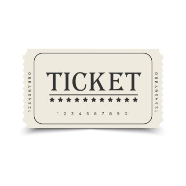 Bilet şablonu tasarımı beyaz arkaplanda izole edildi. Festival, sinema, konser, kumarhane, sirk bileti, ön manzara. Vektör illüstrasyonu