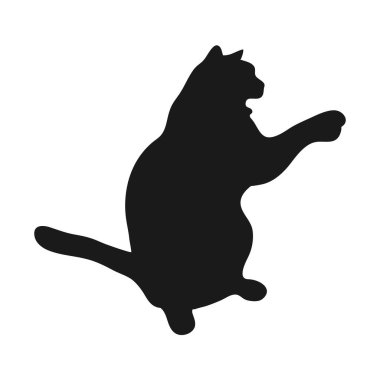 Beyaz arka planda izole edilmiş neşeli kedi silueti. Heyecanlı kedi bir şey yakalıyor. Kedi gölgesi. Vektör illüstrasyonu