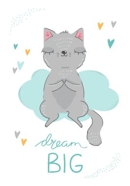 Bulutta oturup rüya gören sevimli bir kedi. Büyük bir el çizimi hayal et. Bebek partisi, davetiyeler, tebrik kartları. Vektör illüstrasyonları.