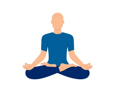 Lotus pozunda oturan soyut kel adam. Meditasyon yapan erkek, beyaz arka planda izole edilmiş. Uluslararası yoga günü. Vektör illüstrasyonu