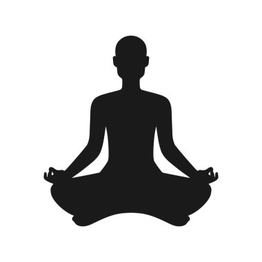 Soyut meditasyon yapan kel adam silueti. Lotus pozisyonunda oturan bir erkek. Vektör illüstrasyonu