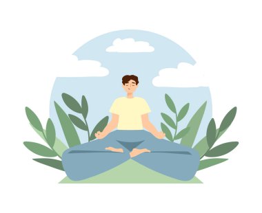 Yogada oturmuş, doğa kökenli sevimli çizgi film çocuğu. Meditasyon ve yoga. Uluslararası yoga günü. Erkek karakter yoga yapıyor. Vektör illüstrasyonu