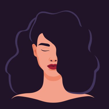 Güzel esmer kadın portresi. Kapalı gözlü ve yüzünün yarısını kaplayan saçları var. Siyah saçlı ve kırmızı dudaklı genç kadın soyut avatar