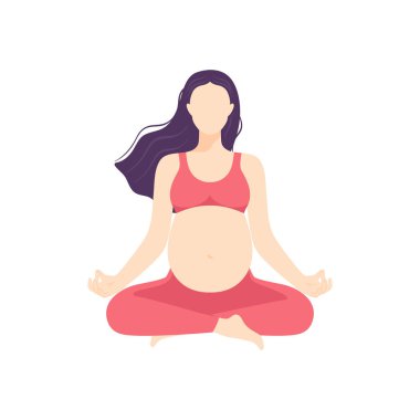 Lotus pozunda oturan soyut yüzsüz hamile kadın. Perinatal yoga yapan hamile bir kadın. Sağlıklı hamilelik kavramı