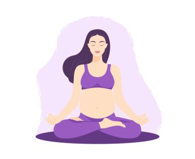 Lotus pozunda oturan gülümseyen hamile kadın. Perinatal yoga yapan hamile bir kadın. Sağlıklı hamilelik kavramı