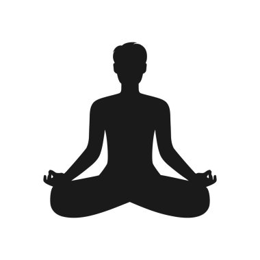 Soyut meditasyon yapan adam silueti. Lotus pozisyonunda oturan bir erkek. Vektör illüstrasyonu