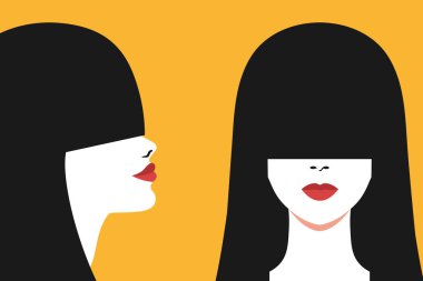 Soyut yüzsüz kadın portresi ön ve yan görünüm. Gözlerini kapayan uzun kâküllü esmer bir kadın. Kırmızı dudaklar. Sarı arkaplanda tam yüz ve profil portresi