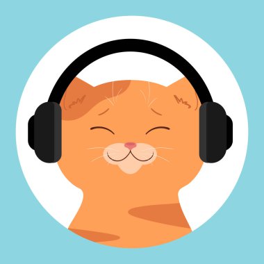 Kulaklıklı sevimli kırmızı tekir kedi. Kulaklık takan kedi yavrusu. Kedi müzik dinliyor. Sevimli çizgi film karakteri. Vektör illüstrasyonu