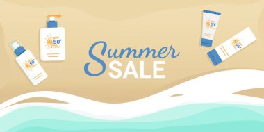 Güneş kremi ürünleri yazlık plaj afişi. Yaz indirimi. Kum ve dalga arka planında SPF yaz cilt ürünleri. SPF 50 krem, sprey, losyon, süt