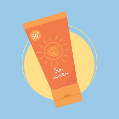 Güneş kremi sürmüş bir tüp. SPF UV koruması yaz cilt bakımı ürünü. SPF kremi ya da losyon. Vektör illüstrasyonu