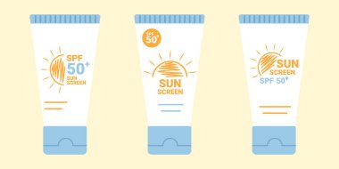 Güneş kremi sürmüş tüpler. SPF yaz cilt UV koruma ürün tasarım varyasyonları. SPF 50 krem ya da losyon. Vektör illüstrasyonu