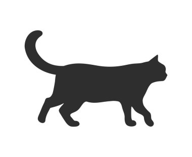 Beyaz arka planda izole edilmiş yürüyen kedi silueti. Kedi sembolü logosu. Vektör illüstrasyonu