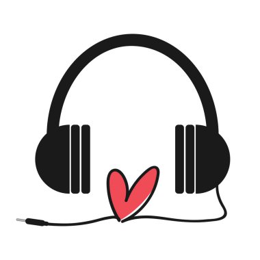 Kalp kablosu olan kulaklıklar. Müzik dinlemeyi seviyorum. Müzik aşığı amblemi. Vektör illüstrasyonu