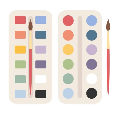 Boya fırçasıyla birlikte kutudaki parlak boyalar. Renk paleti. Resim aletleri, sanat malzemeleri. Vektör illüstrasyonu