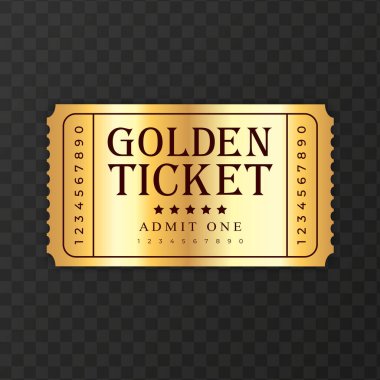 Koyu şeffaf arka planda altın bilet şablonu. Festival, sinema, konser, kumarhane, sirk, konser bileti, ön manzara. Vektör illüstrasyonu