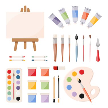 Boyama aletleri, sanat malzemeleri seti. Boyalar, tuval, boya tüpleri, fırçalar, palet bıçağı, suluboya palet, boya kalemleri, silgi. Sanatçı ekipmanı simgeleri. Vektör illüstrasyonu