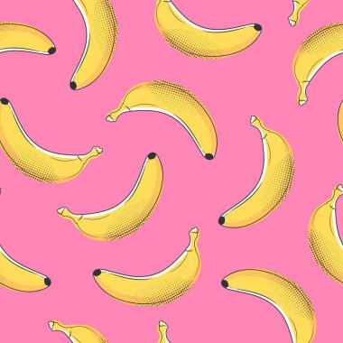 Pop sanat tarzında muzlu, meyvesiz desen. Muzlar pembe arka planda noktalarla süslenmiş. Vektör illüstrasyonu