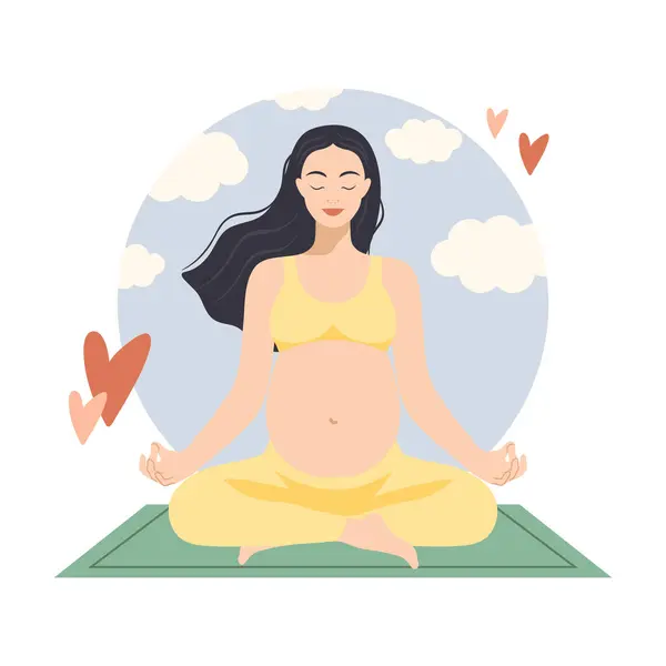 stock vector Happy pregnant woman sitting in lotus pose. Pregnant female doing yoga. Pregnant woman meditates. Healthy pregnancy concept