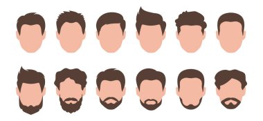 Farklı saç kesimi, sakal ve bıyıklı erkekler. Vektör illüstrasyonu