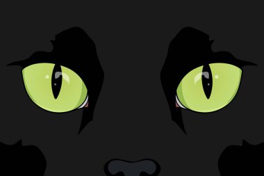 Kara kedi yüzünü kapat. Kedi gözleri. Yeşil gözlü kara kedi. Vektör illüstrasyonu