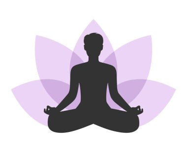 Nilüfer çiçeği arka planında meditasyon yapan insan silueti. Lotus pozisyonunda oturan bir erkek. Vektör illüstrasyonu