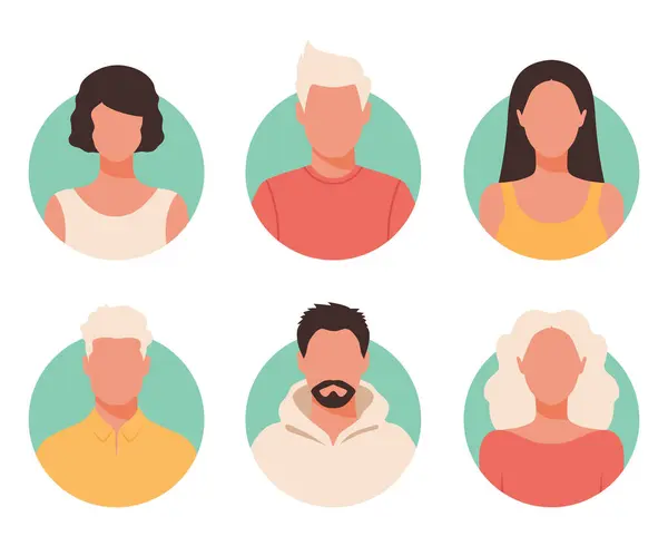 Soyut kadın ve erkek portreleri. Bir grup siyahi kadın ve erkek soyut avatarlar ya da isimsiz profiller, yüz simgeleri. Vektör illüstrasyonu