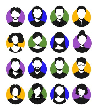 Kadın ve erkek yüzsüz siluetler. İsimsiz profiller ya da soyut cinsiyet simgeleri için uygun kullanıcı avatarları etrafında bir grup kadın ve erkek. Vektör illüstrasyonu