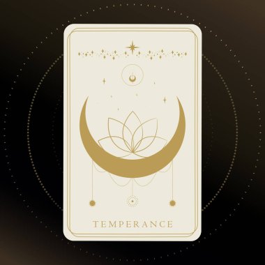 Binbaşı Arcana Temperance 'ın altın tarot kartı. Altın ve beyaz renkli tarot kartı. Tarot sembolizmi. Gizem, astroloji, ezoterik. Vektör illüstrasyonu