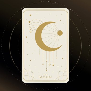 Ay Binbaşı Arcana 'nın Tarot kartı. Altın ve beyaz renkli tarot kartı. Tarot sembolizmi. Gizem, astroloji, ezoterik. Vektör illüstrasyonu