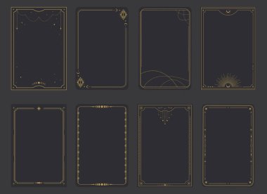Esrarengiz sihirli Tarot kartları şablonları. Göksel elementlerle, hilallerle, yıldızlarla çevrili bir çerçeve. Gizem, astroloji, simya. Vektör illüstrasyonu
