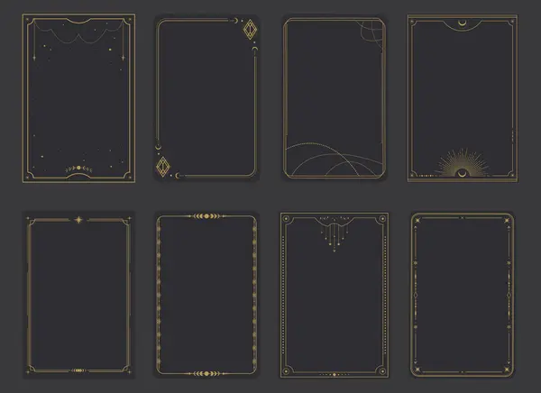 Esrarengiz sihirli Tarot kartları şablonları. Göksel elementlerle, hilallerle, yıldızlarla çevrili bir çerçeve. Gizem, astroloji, simya. Vektör illüstrasyonu