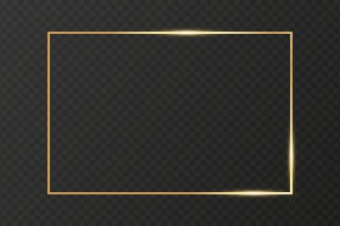 Koyu şeffaf arka planda parlak minimalist altın çerçeve. Düğün davetiyeleri için lüks altın sınır. Vektör illüstrasyonu