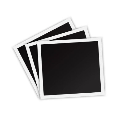 Bir yığın eski fotoğraf kartı. Beyaz arkaplanda izole edilmiş boş anlık fotoğraf çerçeveleri. Vektör illüstrasyonu