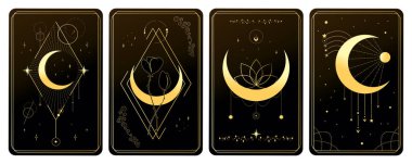 Hilal ve yıldızlarla süslenmiş altın sihirli tarot kartları. Gizem, astroloji, simya. Vektör illüstrasyonu