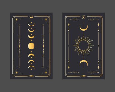 Altın sihirli tarot kartları Güneş ve Ay. Gizem, astroloji, simya. Vektör illüstrasyonu