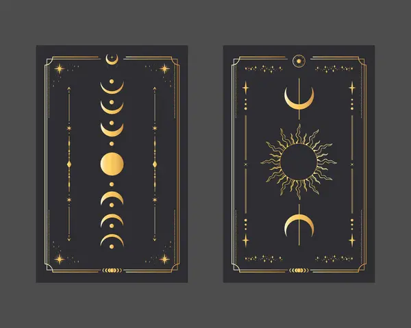 Altın sihirli tarot kartları Güneş ve Ay. Gizem, astroloji, simya. Vektör illüstrasyonu