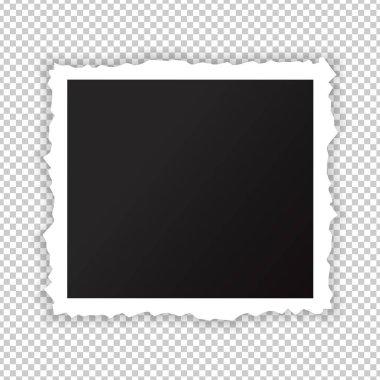 Saydam arkaplanda yırtık kenarlı boş bir retro fotoğraf çerçevesi. Retro fotoğraf kartı şablonu. Vektör illüstrasyonu