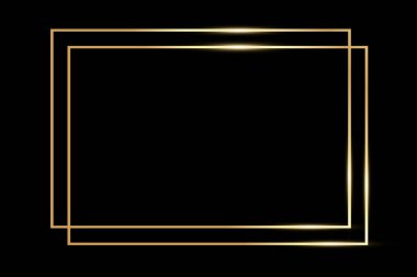 Siyah arka planda parlak minimalist altın çerçeve. Düğün davetiyeleri için lüks altın sınır. Vektör illüstrasyonu