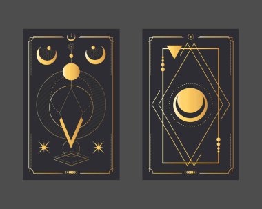 Geometrik şekilli, yıldızlı ve hilal şeklinde altın sihirli tarot kartları. Gizem, astroloji, simya. Vektör illüstrasyonu