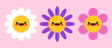 Çocuksu bir şekilde gülümseyen sevimli çizgi film karakterleri. Basit düz dizaynlı mutlu çiçek ikonları. Vektör illüstrasyonu