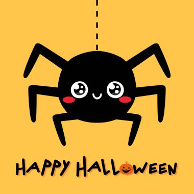 İnternette asılı şirin bir örümceğin olduğu Cadılar Bayramı tebrik kartın kutlu olsun. Çocuksu bir şekilde gülümseyen mutlu örümcek. Vektör illüstrasyonu