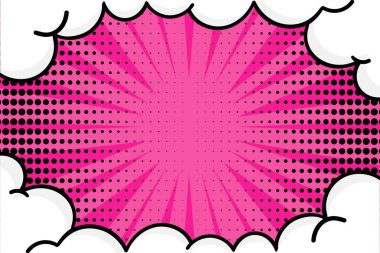 Comic background in retro pop art style. Stripe and dotted pink background decorated with clouds. Vector illustration clipart