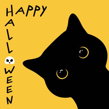 Cadılar Bayramı tebrik kartı ve büyük sarı gözlü siyah kedi silueti. Vektör illüstrasyonu