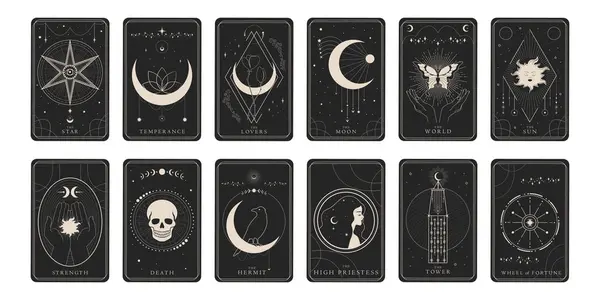 Binbaşı Arcana sembollerinden oluşan sihirli tarot kartları dizayn seti. Tarot sembolizmi. Gizem, astroloji, simya. Vektör illüstrasyonu