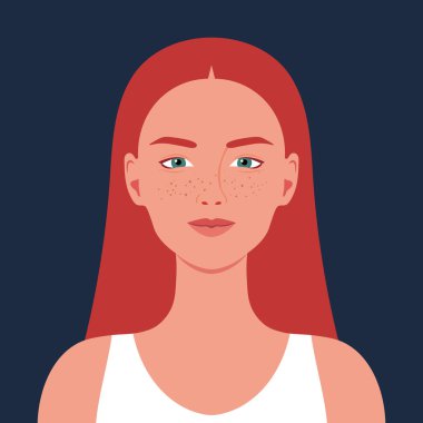 Çilli, gülümseyen kızıl saçlı bir kadının portresi. Sosyal medya için Avatar. Vektör illüstrasyonu