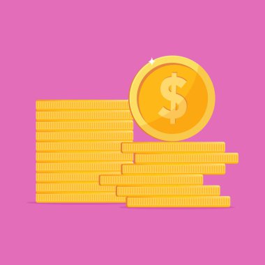 Altın bir sentle bir yığın altın para. Renkli arka planda boş para sikkeleri. Parlak altın sikke hazinesi. Vektör illüstrasyonu