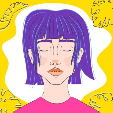 El çizimi, mor saçlı ve gözleri kapalı genç bir kadın. Sarı yapraklı karikatür kız portresi. Vektör illüstrasyonu